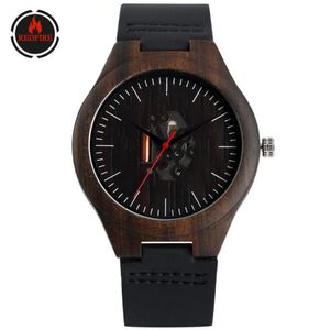 REDFIRE Onregelmatige Graveren Holle Wijzerplaat Ebbenhout Horloge Mannen Quartz Zwart Lederen Heren Horloge Pin Buckle262b