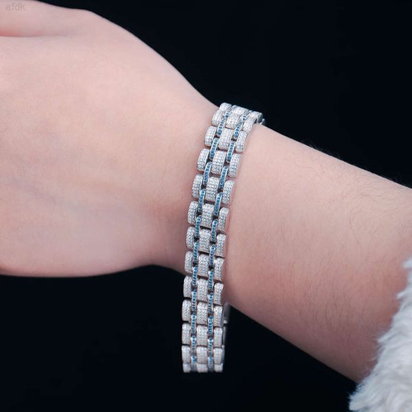 Redoors Ice Out Sparking Pulseras de Mujer Pulsera Cubana de Moissanita de Plata de Ley 925 con Zafiro Azul