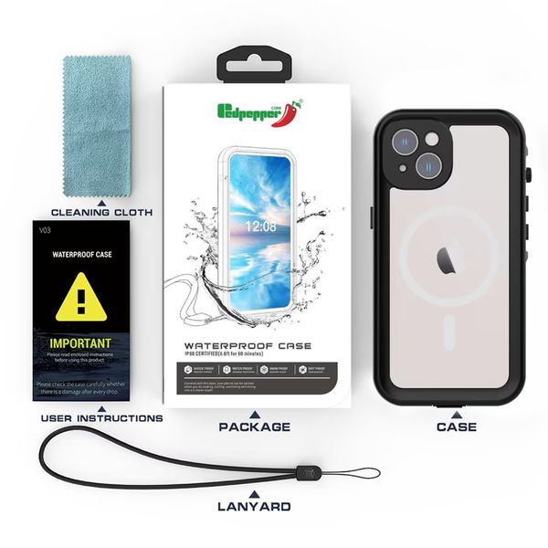 Redpepper Funda impermeable a prueba de golpes Resistente a la suciedad Buceo Fundas subacuáticas Funda para iphone 14 14Pro 14Max iphone14 pro max compatible con carga magnética y inalámbrica