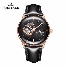 Reef Tiger / RT Heren Luxe Casual Horloges Tourbillon Convex Lens Rose Gold Automatic Leather Riem RGA8239 Horloges