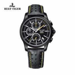 Reef Tiger / RT Montres à quartz de sport pour hommes avec chronographe et date Montre d'arrêt décontractée en acier noir avec RGA1663 super lumineux T200409