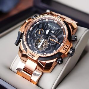 Reef Tiger / RT Top Brand Sport Men Watch quadrante complicato con anno mese calendario perpetuo oro rosa bracciale nero orologi da polso