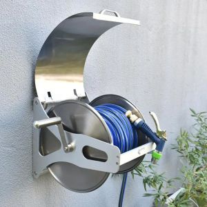 Carretes Carrete de manguera cubierto de acero inoxidable Riego montado en la pared Lavado portátil para el hogar Riego de automóviles Flores Pistola Juego de estantes para tuberías