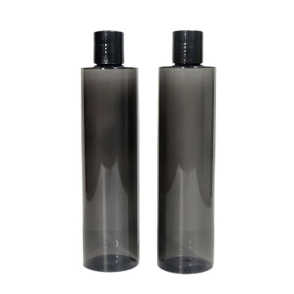 Rechargeable Clear All Black Plastic Bottle Flat Shoulder Circular Column Shape PET Lotion Press Couvercle Vide Portable Cosmetic Packaging Container 300ml