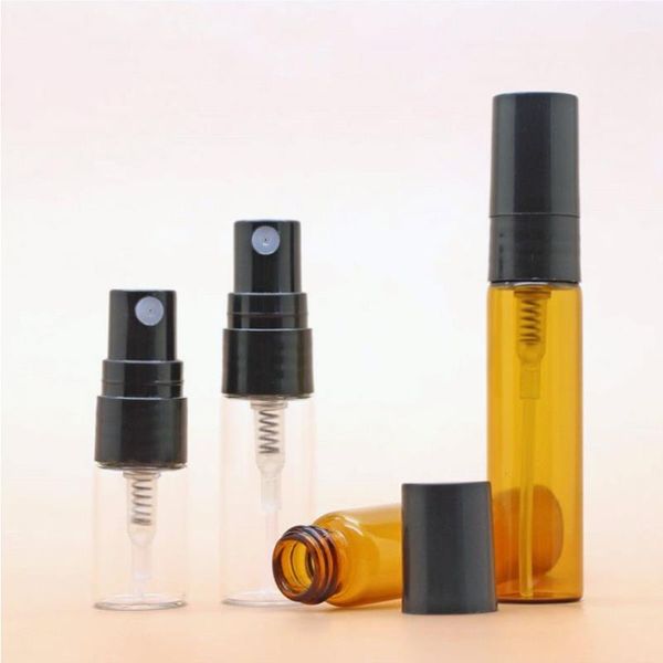 Atomizador de perfume en aerosol de vidrio recargable - Mini viales de 5 ml/3 ml/2 ml con bomba negra, ámbar/transparente - Tamaño de viaje conveniente Qfufk