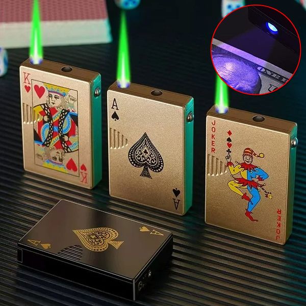 Antorcha de chorro recargable, encendedor de póker de llama verde, encendedor con forma de tarjeta de juego de póquer, encendedor de cigarrillos, antorcha de chorro, juguete divertido, accesorios para fumar, regalo