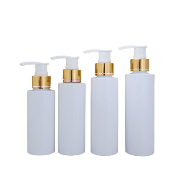 Bouteille en plastique rechargeable Blanc un récipient d'emballage transparent Collier doré Lotion blanche Pompe de presse 80 ml 100 ml 150 ml 200 ml 250 ml 500 ml Cosmétique portable