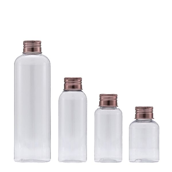 Botella transparente de plástico recargable Hombro redondo PET Tapa de tornillo de oro rosa con tapón interno Envase de embalaje cosmético portátil vacío 50 ml 75 ml 100 ml 250 ml