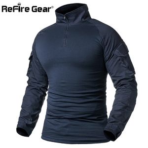 ReFire Gear Army Combat T-shirt Hommes T-shirt tactique à manches longues T-shirt militaire en coton solide Homme Navy Blue Hunt Airsoft T-shirts 210319