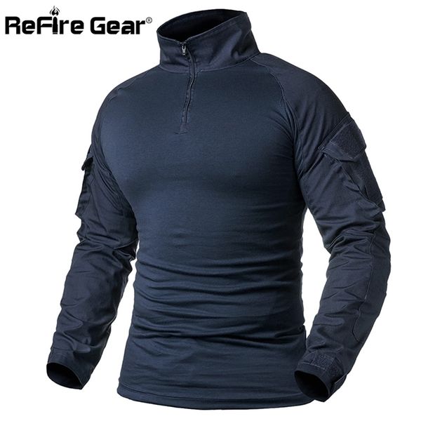 ReFire Gear Army Combat T-shirt Hommes T-shirt tactique à manches longues Chemise militaire en coton solide Homme Navy Blue Hunt Airsoft T-shirts 210409