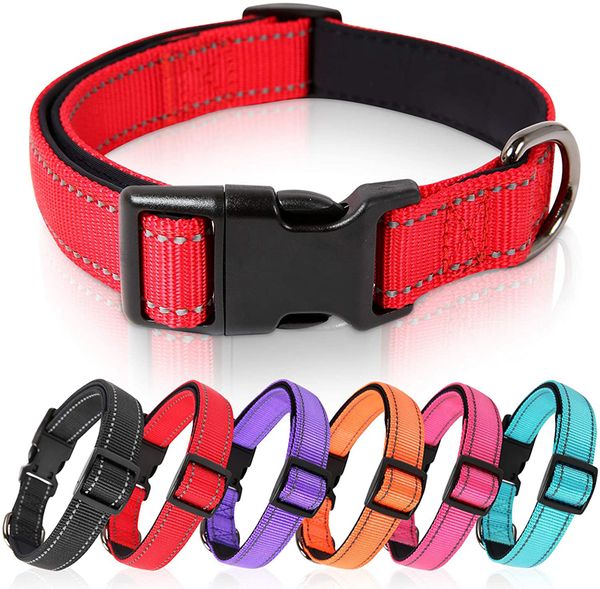 Collares reflectantes para perros Cómodo cinturón de diseño a prueba de desvanecimiento para perros pequeños y grandes con neopreno suave Acolchado Transpirable Nylon Cachorro Collar para mascotas Ajustable Rojo B03