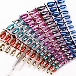 24 stks spiegel valse nagel tips korte glanzende punk metalen plating nep nagels kunst vierkant afneembare volledige dekking vingernagel decoratie