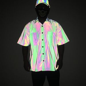 Reflecterende shirts voor mannen Korte mouw Casual Oversize Heren Shirt Zomer Nachtclub Night Running Chemise Homme Rainbow Camisas 210524