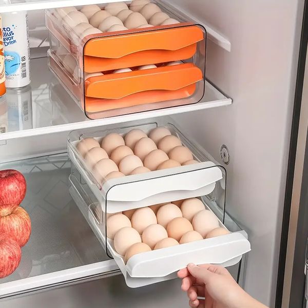 Réfrigérateur Organisateur De Stockage D'oeufs Porte-Oeufs Pour Réfrigérateur Type De Tiroir À 2 Couches Bacs De Stockage Empilables Porte-Oeufs En Plastique Transparent