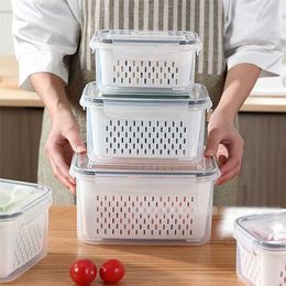 Koelkast opbergdoos koelkast verse keuken organizer plantaardige fruitdozen afvoer mand keuken opslagcontainers met deksel 211110