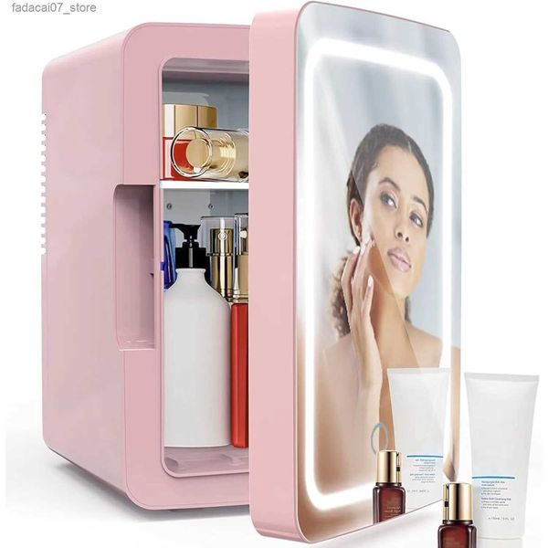 Refrigeradores Congeladores Mini refrigerador y calentador de 6.2L con espejo de luz LED portátil para maquillaje, cuidado de la piel, refrigerios, aseo del dormitorio, etc. Q240326