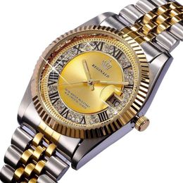 Reloj de cuarzo REGINALD para hombre Datejust oro amarillo de 18k bisel estriado perla esfera de diamante reloj luminoso de acero inoxidable completo 273x