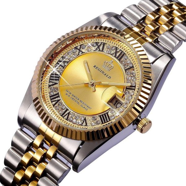 REGINALD montre à Quartz hommes Datejust or jaune 18 carats lunette cannelée perle diamant cadran entièrement en acier inoxydable horloge lumineuse