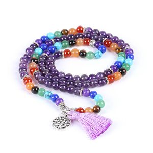 Reiki Natural 7 Chakra Multi-Layer Charms Armbanden voor Dames Paars Quartz Mala Yoga Kralen Meditatie Healing Tassel