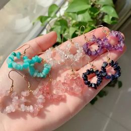 Reiki – boucles d'oreilles en cristal naturel, perles de gravier, cercle de fleurs, pompon en pierre, améthyste véritable, Amazonite, Quartz rose