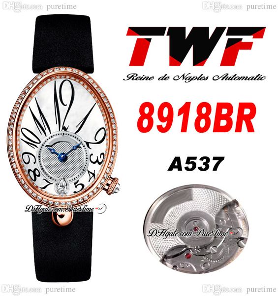 Reine de Naples 8918BR A537 Montre Femme Automatique TWF Diamants Lunette Or Rose MOP Argent Cadran Texturé Tissu Noir Cuir Super Edition Montres Femme Puretime 2