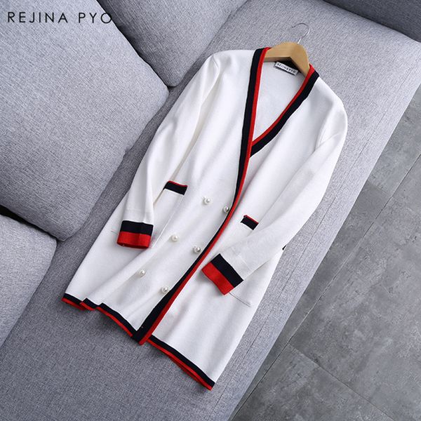 REJINAPYO 2019 primavera nueva llegada mujeres negro contraste blanco tejido suéter perla decoración botones largo abierto puntada cuello en V T200319