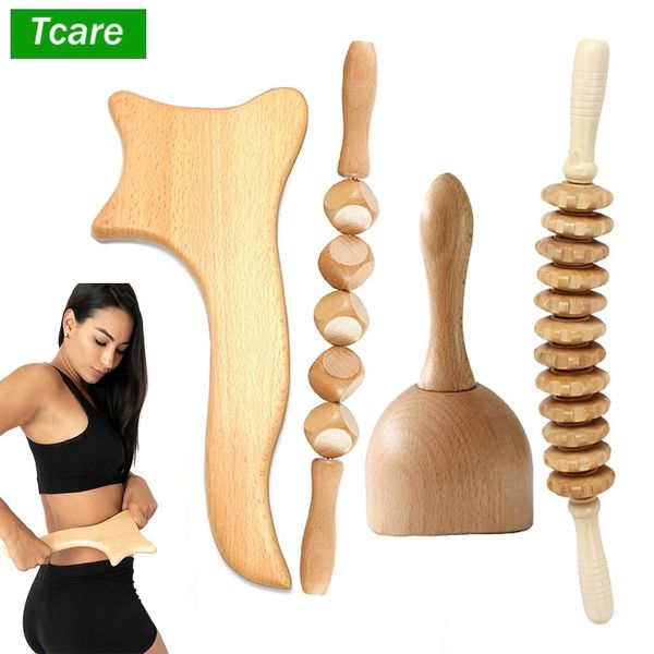 Relajación TCARE 4pcs/set herramientas de terapia de masaje de madera de lujo para formación de carrocería set en casa gimnasio gimnasio herramientas de terapia de madera profesional maderoterapia kit