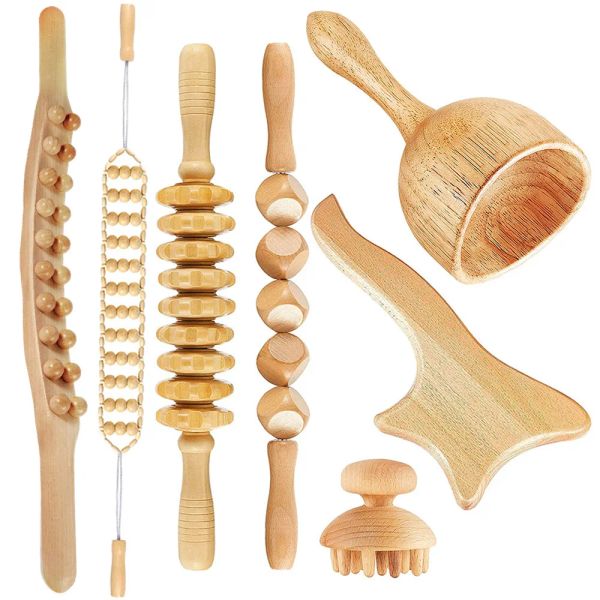 Relajación Masaje de madera Guasha Stick Rodillo de madera Masajeador Herramienta de terapia de madera Maderoterapia Kit para fascia Alivio del dolor muscular Modelado del cuerpo