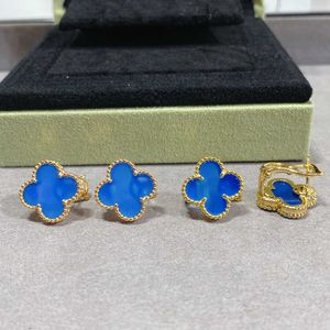 Laat charm oorbellen los van blauw jade vier blad gras ear beat vrouwelijk puur zilveren 18k rose gouden luxe met originele logobox