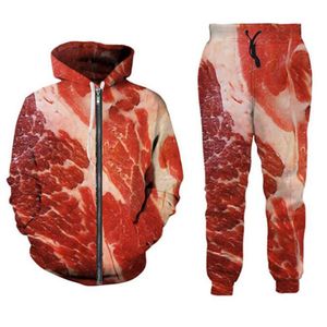 RELEASE NIEUWE MENS / Womens Meat Beef Funny 3D Print Fashion Trainingspakken Broek + Zipper Hoodie Casual Sportkleding L014