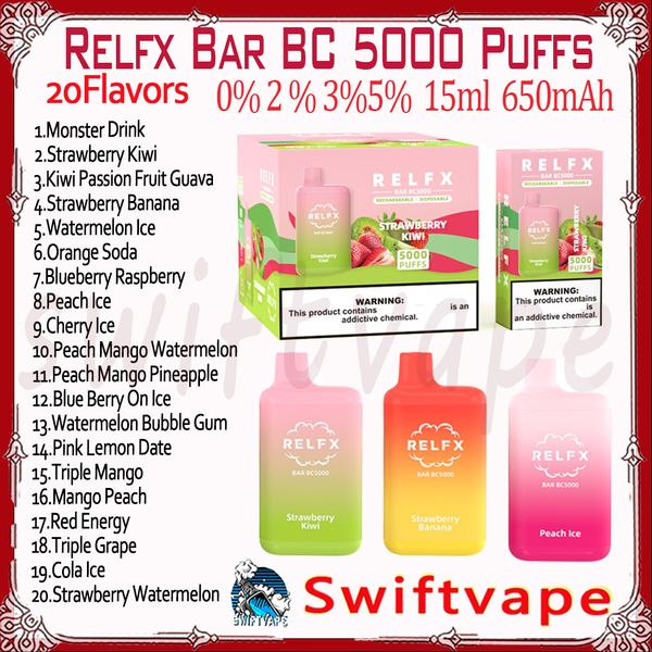 Relfx Bar BC5000 Puff Cigarette électronique jetable 20 saveurs 15 ml 0% 2% 3% 5% 650mAh Batterie rechargeable 5K Puffs Vapes Pen Kit de démarrage Source Fabricant