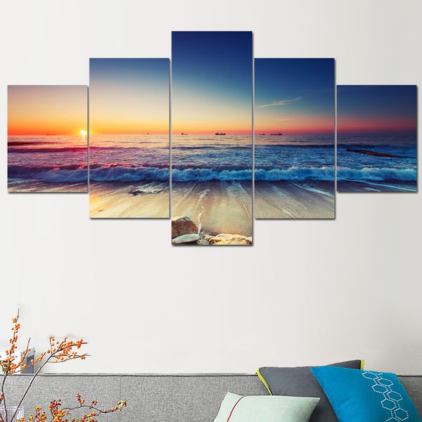 Reliabli Art 5 Panneaux Sunset Seascape Picture Picture Imprimée Peinture MODER
