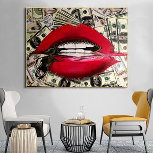 Arte fiable, pintura abstracta en lienzo con cremallera y boca roja, arte de pared para carteles de habitaciones e impresiones, decoración moderna para el hogar