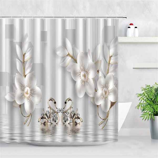 Relief Blanc Fleurs Cygne Rideaux De Douche Perle Diamant Conception Eau 3D Impression Baignoire Décor Crochets Tissu Salle De Bains Rideau Ensemble 211116