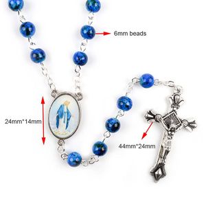 Religie 6mm Glaskralen Rozenkrans Mary Jesus kruis Gebogen naald ketting voor zowel mannen als vrouwen kan zijn als geschenken en gebeden