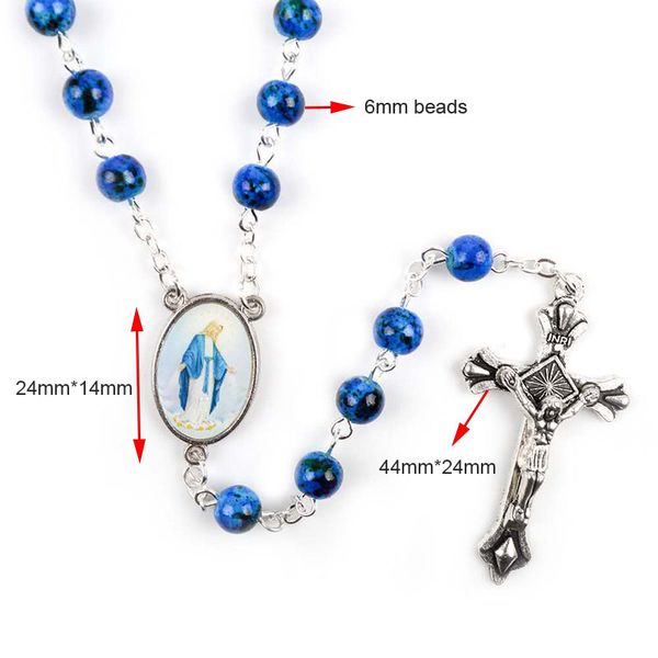 Rosario de cuentas de vidrio religiosas de 6mm, collar de aguja curvada con cruz de María Jesús para hombres y mujeres, puede ser como regalo y oración