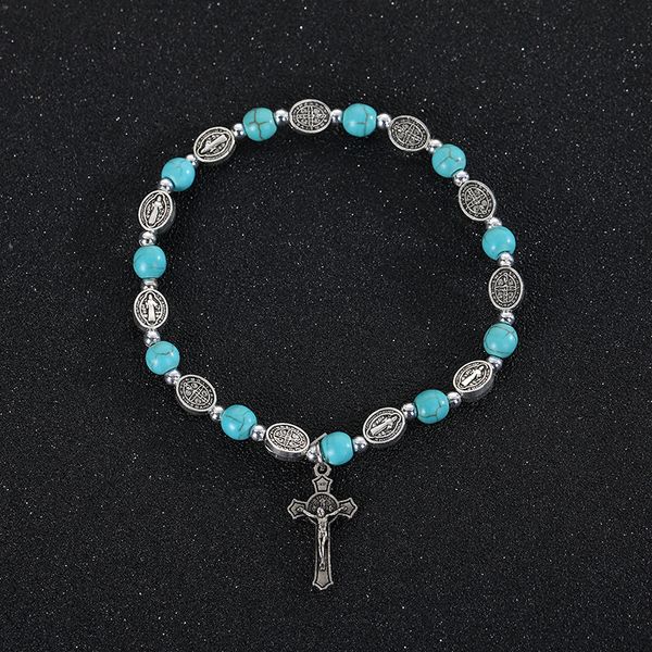 Religion jésus croix Bracelet Vintage couleur argent jésus pendentif corde élastique pierre naturelle perlée Bracelets pour femmes hommes