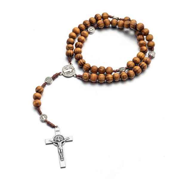 Religion Mâle Long Chapelet En Bois Perles Croix Christ Jésus Pendentif Collier 10 MM Bois Pendentifs Collier Bijoux Pour Femmes Hommes