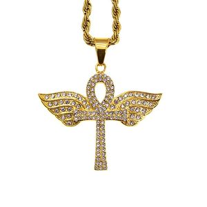 Religieux Afrique Agypt Ailes d'ange égyptiennes antiques Croix Collier Le symbole de la vie Copte Le pendentif Ankh avec strass en cristal