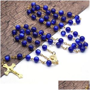 Religieuze blauwe hars kralen rozenkrans hanger kettingen goud kleur Jezus kruisbedas christelijke sieraden geschenken voor mannen vrouwen drop levering Bijoux groothandel