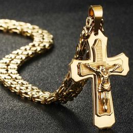 Religieux Catholique Crucifix Jésus Croix Collier pour Hommes Or Couleur Croix Pendentif avec Bible Collier Hommes Bijoux Cadeaux X0707