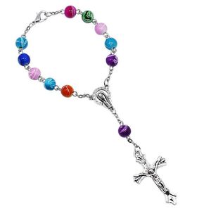 Religieuze Kruis Rozenkrans Strand Armband 8mm Kleurrijke Acryl Kralen Katholieke Rozenkrans Armband Dames Jesus Crucifix Armband