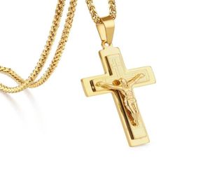 Collares con colgante de crucifijo religioso para hombre, Color dorado y plateado, acero inoxidable, pieza de Jesús, cadena de eslabones cruzados, regalo de joyería MN2048748743