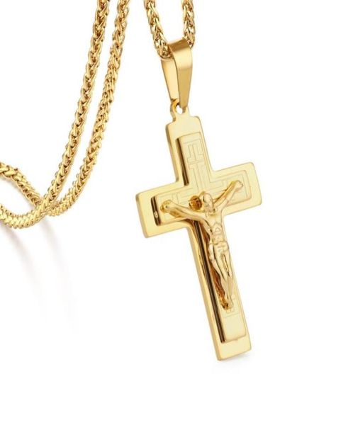 Colliers avec pendentif Crucifix religieux pour hommes, couleur or argent, en acier inoxydable, pièce de jésus, chaîne à maillons croisés, bijoux cadeau MN2047310980