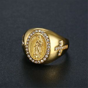 Religieuze Gouden Kleur Maagd Maria Ringen voor Vrouwen Mannen 14 k Geel Goud Iced Out CZ Ring Hip Hop Christelijke Sieraden