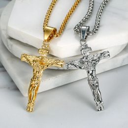 Collier pendentif crossant religieux pour les femmes / hommes couleur or 14k colliers crucifix mâles bijoux chrétiens