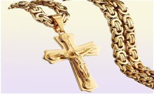 Collier croix de jésus religieux pour hommes, pendentif Crucifix en acier inoxydable doré avec chaîne, bijoux masculins, cadeau 1838254