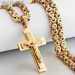 Hombres religiosos Crucifijo 14k Oro amarillo Cruz Colgante Collar Pesado Cadena bizantina Collares Jesucristo Joyería Santa Regalos 9MFE
