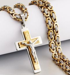 Hombres religiosos acero inoxidable crucifijo colgante cruzado collar de cadena bizantina pesada collares de cadena de Jesucristo regalos de joyería santa Q1125953778