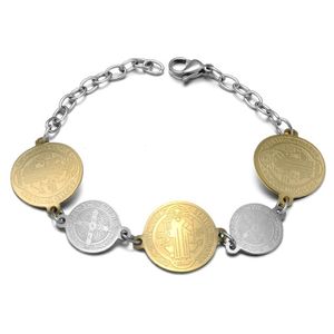 Pulsera religiosa de San Benito para mujer, pulseras de acero inoxidable, colgante de cruz benedictina dorada, joyería de moda, regalo de moneda 2020268w